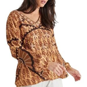 Talisman Sitara Long Bishop Sleeve Floral Boho V-Neck Long Sleeve Top XS
